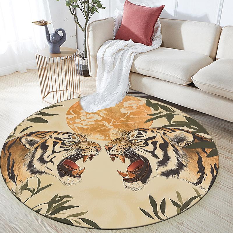 Leaf Tiger,Round Area Rug,Carpet Rug for Living Room Bedroom Sofa Playroom Decor,Non-slip Floor Mat
