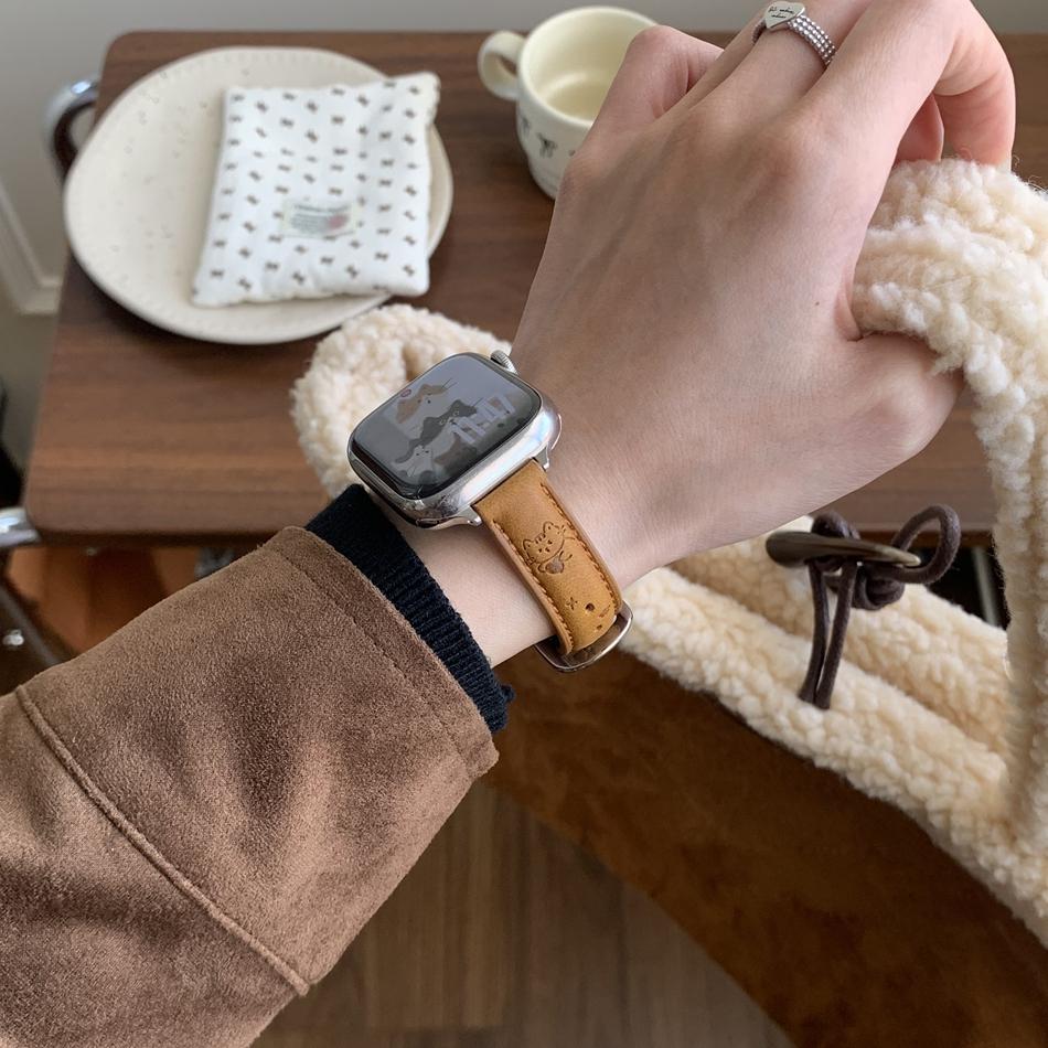 Cute Love Star Cat Pattern Leather Bracelet For Apple Watch Band Series 11/10/9/8/7/Ultra iWatch Strap 49/46/45/44/42/41/40/38mm