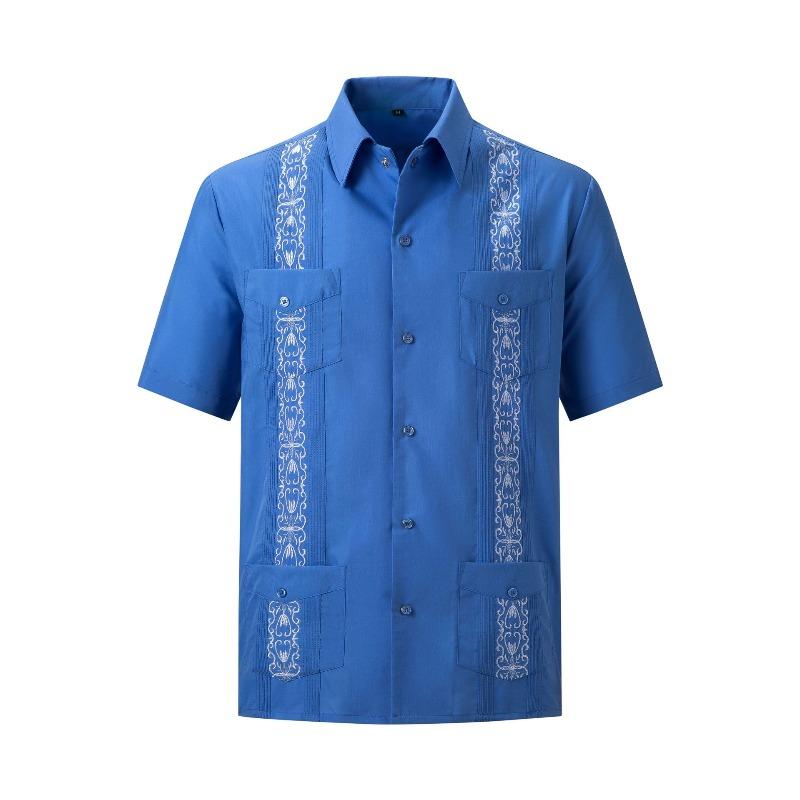 Camicia da uomo a maniche corte con bottoni, a righe Guayabella ricamate, quattro tasche, Dachen