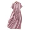 Xinxing 2025 Summer Cotton Linen Retro Short Sleeve Mid-Length Shirt Dress for Women