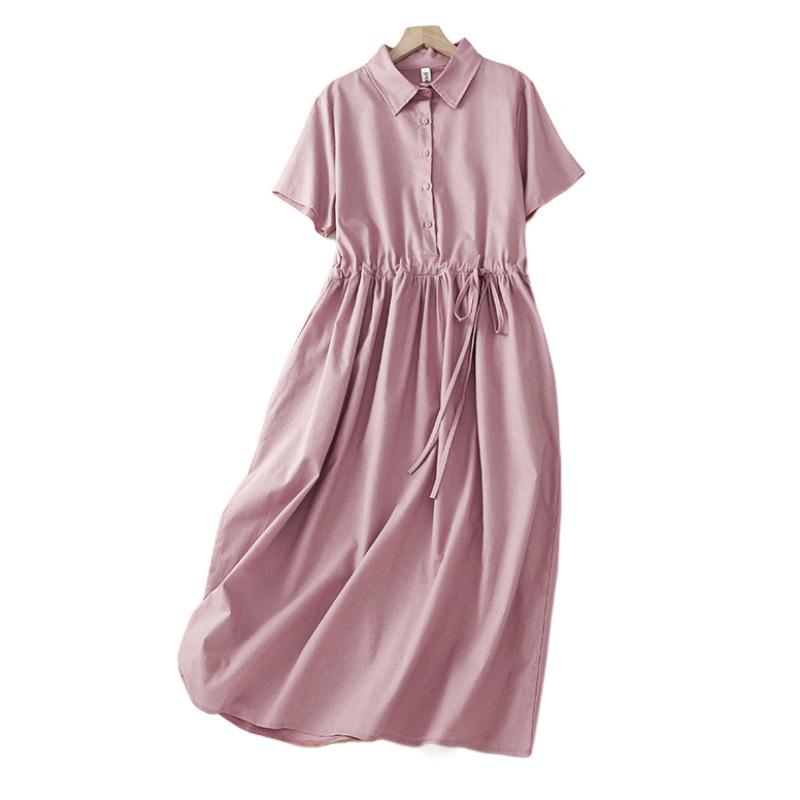 Xinxing 2025 Summer Cotton Linen Retro Short Sleeve Mid-Length Shirt Dress for Women