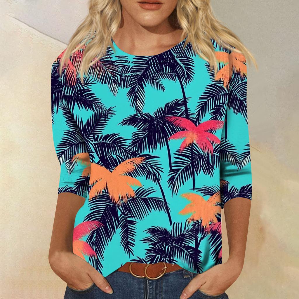 Módní vintage top s 3/4 rukávem pro ženy, dámská ležérní halenka s tříčtvrtečním rukávem a kulatým výstřihem s potiskem