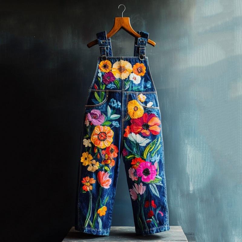 Overalls Sommer Damen Hosen Denim-Imitat Gerade geschnittene Hosen Vielseitige Lockere Gerade geschnittene Hosen 1D Digitaldruck