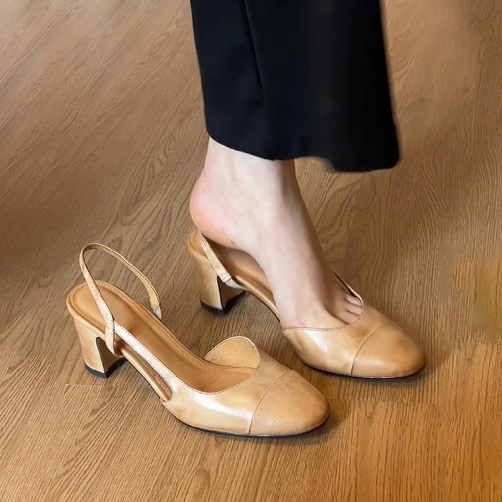 New retro round head rear strap sandals femininity medium heel simple round head literary style high heels