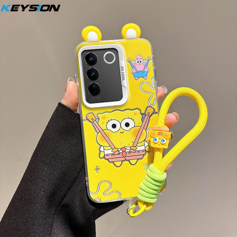 KEYSION Cute Ear Cartoon Case for VIVO Y100 5G with Lanyard Soft Silicone+PC Shockproof Phone Back Cover for VIVO Y100