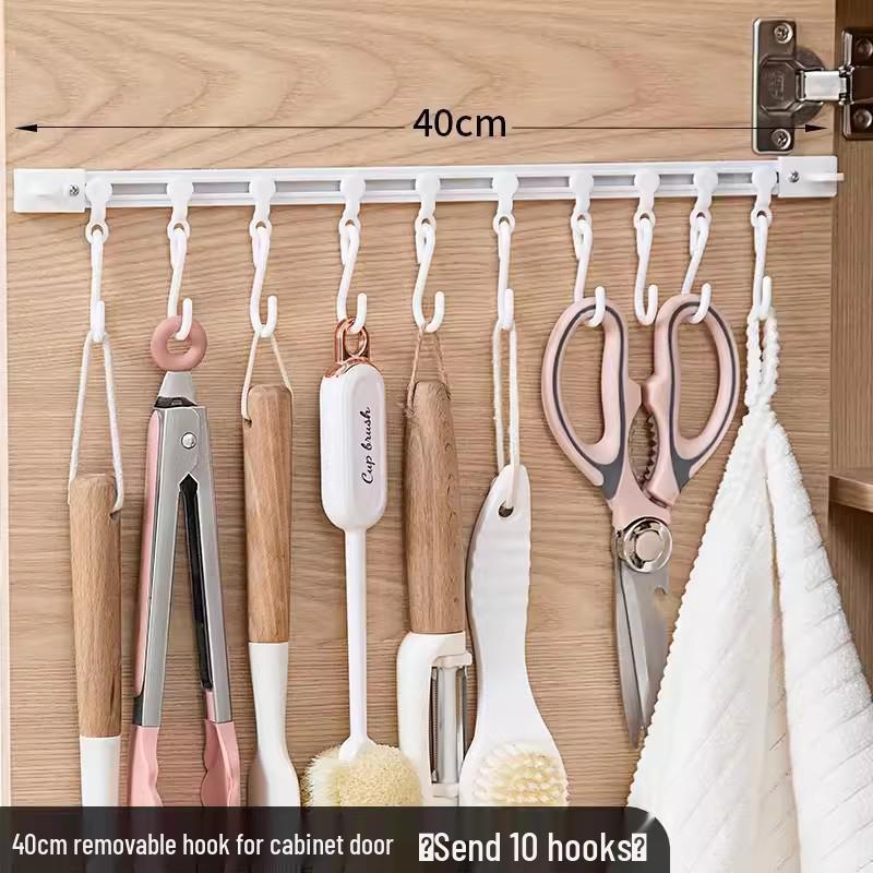 Sliding Hanging Hook Rack for Cabinet Doors, No-Drill Adhesive Rail for Spoons, Spatulas, and Kitchen Tools