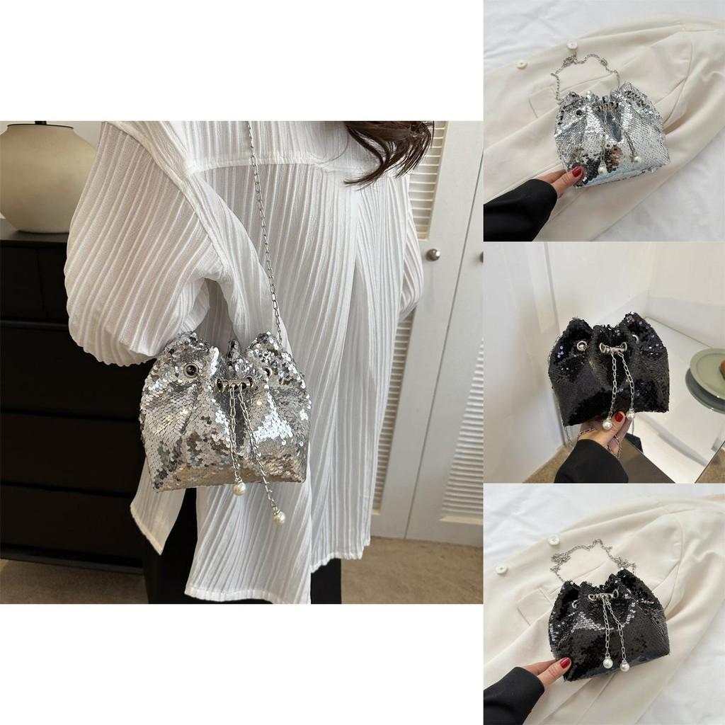 Fashion-forward Black And Silver Sequin Bucket Bag Versatile Single Shoulder Crossbody Bag For Women