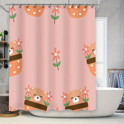 Adorable Animal Print Shower Curtain Pink Flower Decor Happy Bear Pattern Waterproof Fabric for Bathroom Decoration Home Improve