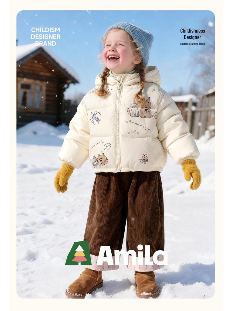 2025 Winter Kids' White Duck Down Hooded Jacket - Warm, Casual Outerwear for Boys and Girls