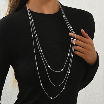 Fashionable Elegant Autumn and Winter Imitation Pearl Layered Women's Necklace, Geometric Trendy Sweater Chain Necklace