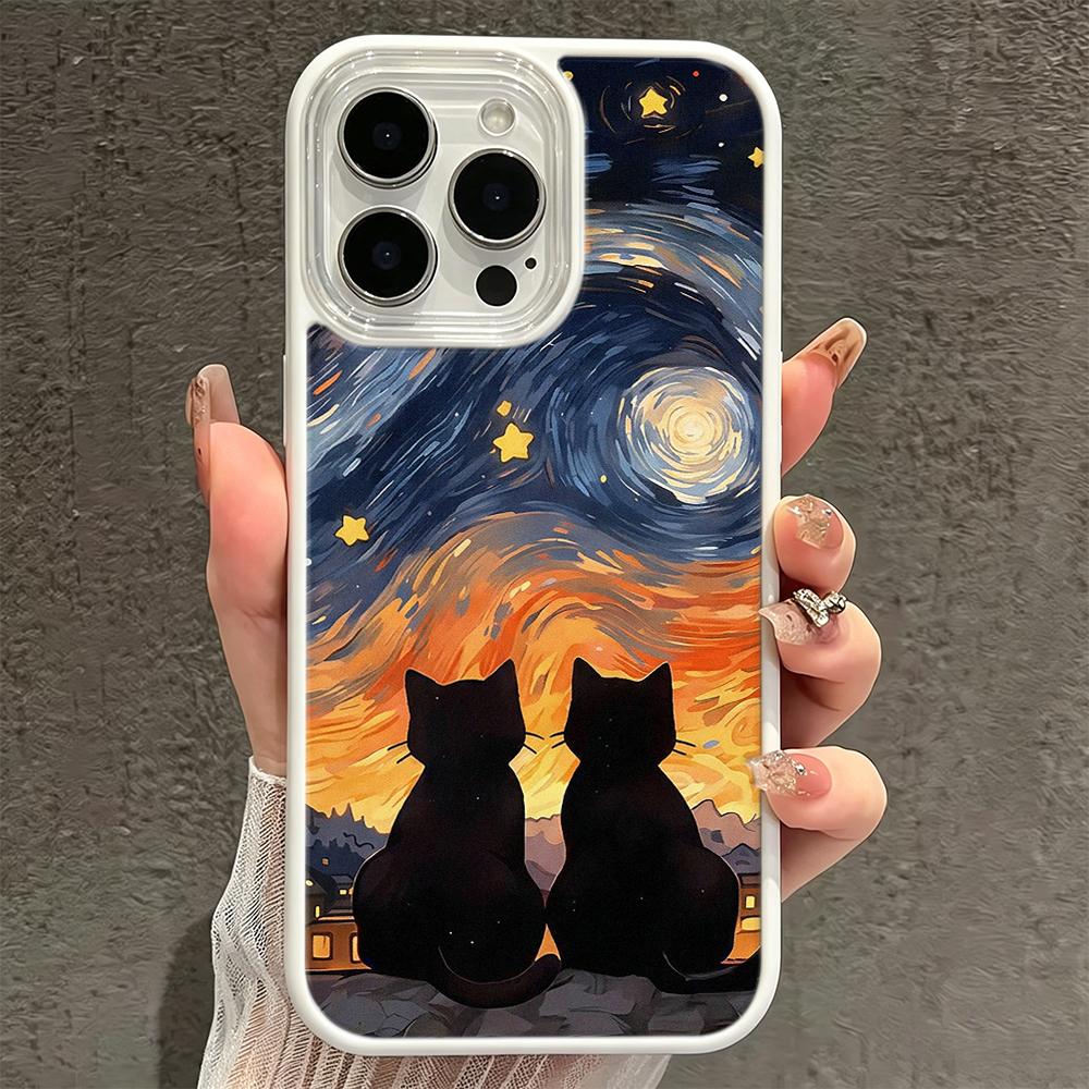 Oil Painting Black Cat  Hard Case For Iphone 17 16 15 14 13 12 11 Pro Max Air Protective Shockproof Coque Phone Cover