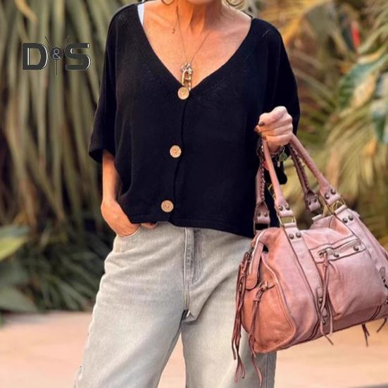 Damen-Oberteile, V-Ausschnitt, halbe Ärmel, Knopfleiste, Hemdoberteile, lockere Passform, einfarbig, lässiges Strickoberteil für den Sommer