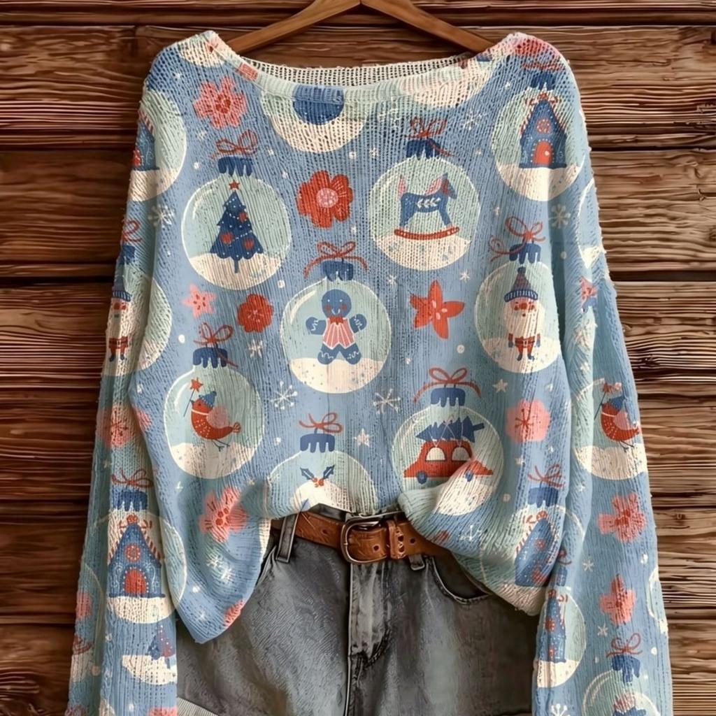 Women's new blue Christmas pattern sweater Halloween Christmas atmosphere daily wear