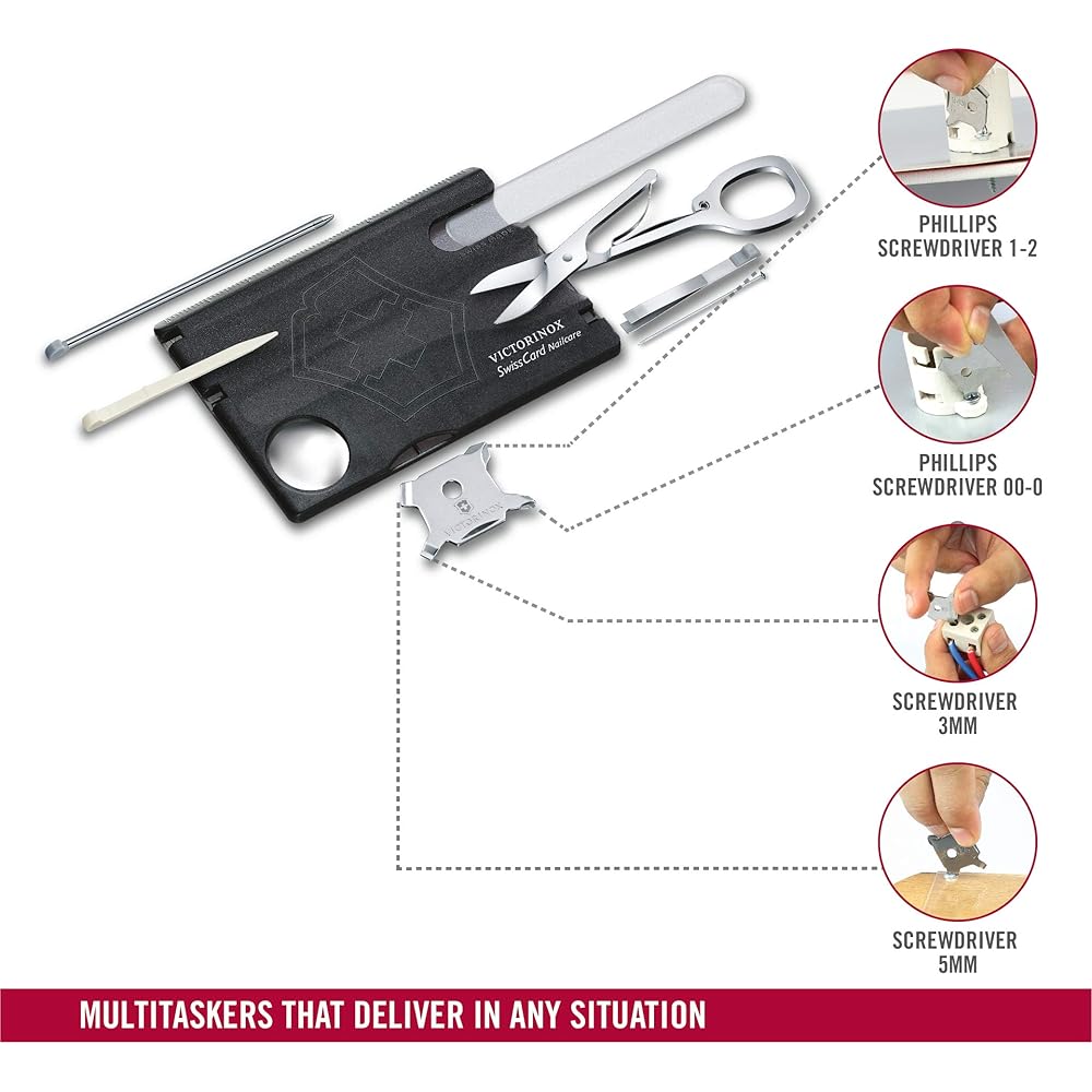 Victorinox SwissCard Translucent Black Nail Care Kit with Glass Nail File, Scissors, 13 Functions, Compact Emergency Tool