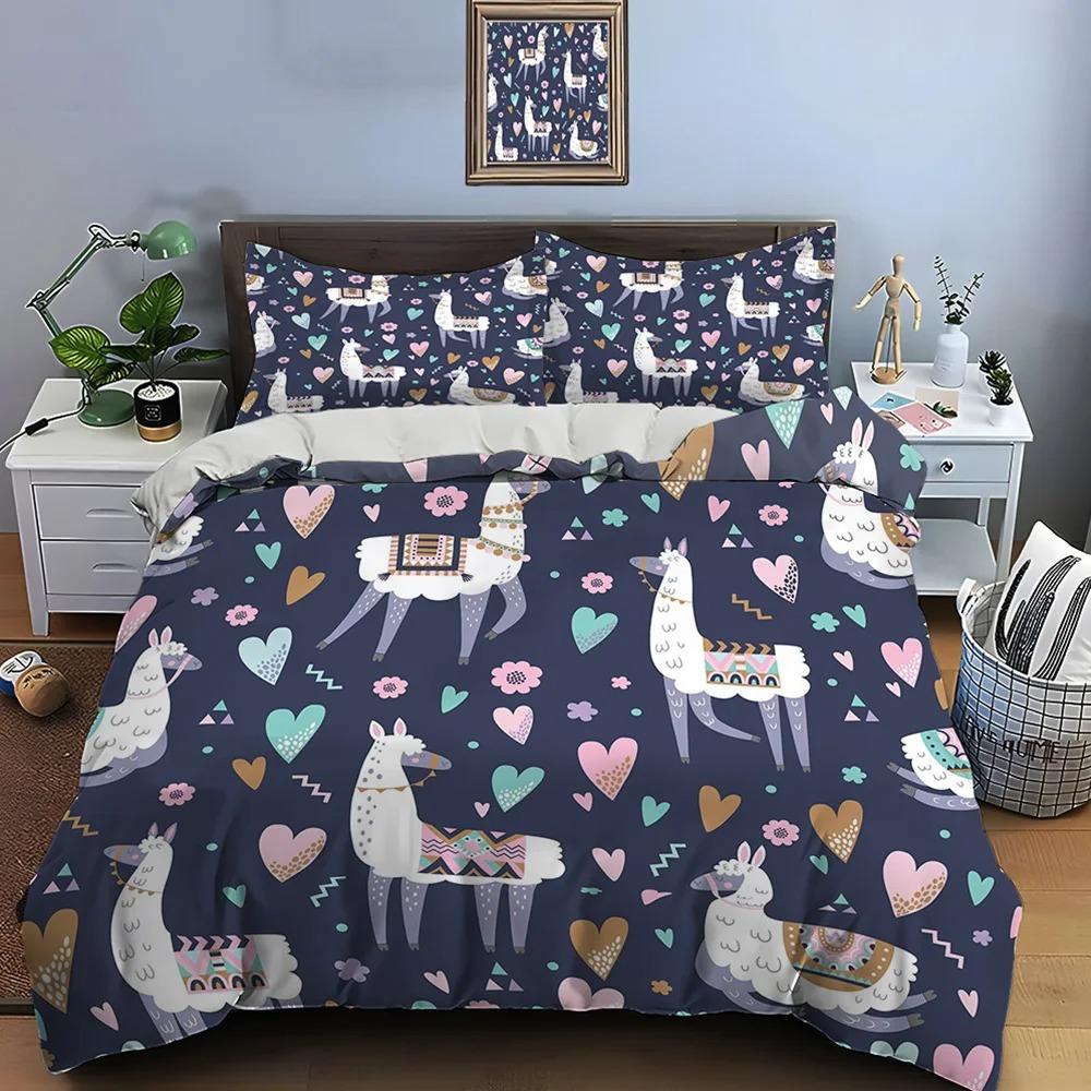 Cute Cartoon Llama Alpaca Print Bedding Set 1 Duvet Cover 1/2 Pillowcases Adult and Children Bedding Set Luxury Gifts