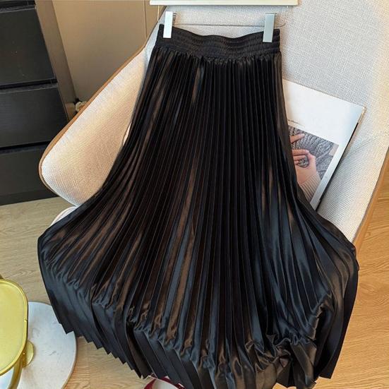 Maxi Skirt High Waist Glossy Long Skirt Solid Color Pleated Design Large Hem Dance Skirt Work Leisure Daily Wear