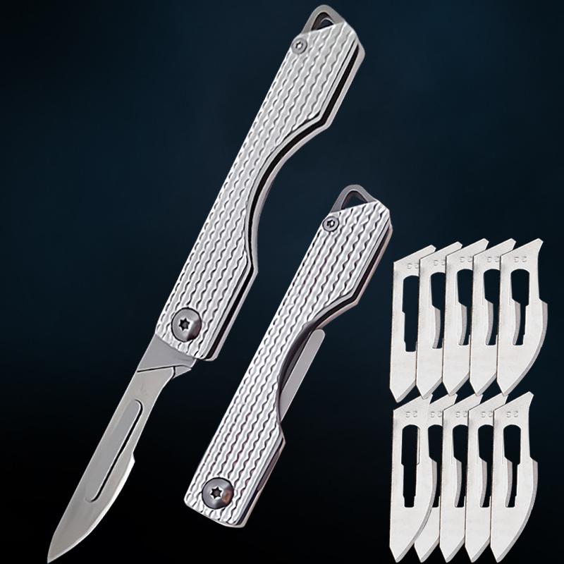 Stainless Steel Folding Knife Mini Keychain Pocket Knife Quick Open Scalpel Knife Replaceable Blades Kitchen Knife Accessories