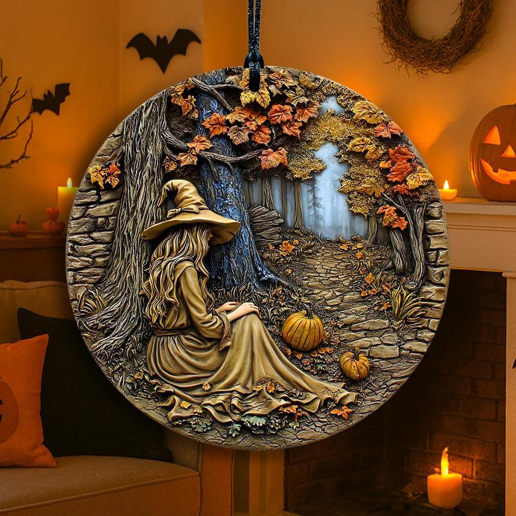 Halloween Stained Glass Window Ornament, Witch Scene with Pumpk, Acrylic Hanging Suncatcher, Round Wall Art Decor, Witchy Ornament for Home Friends