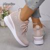 Damen Glänzende Strass Keil Turnschuhe Atmungsaktives Strick Rutschfeste Laufschuhe Schnürschuhe 6CM Absatz Zapatillas De Mujer Größe 36 43