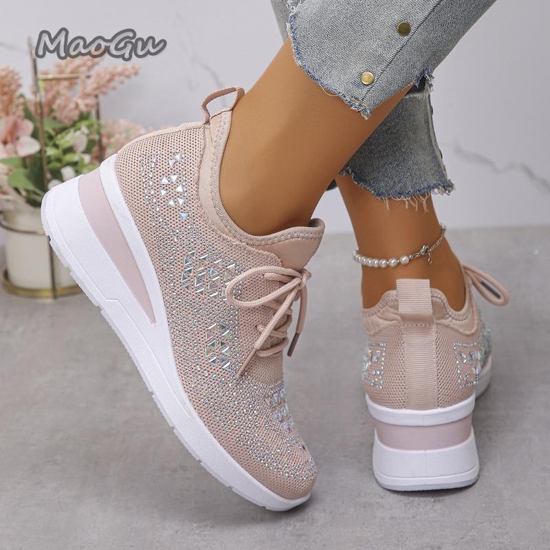 Damen Glänzende Strass Keil Turnschuhe Atmungsaktives Strick Rutschfeste Laufschuhe Schnürschuhe 6CM Absatz Zapatillas De Mujer Größe 36 43