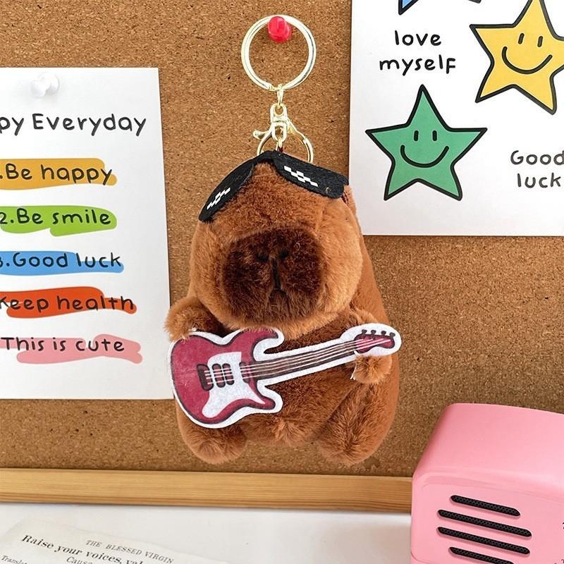 Green Guitar Capybara Plush Toy Short Fur Musical Student Backpack Keychain Cute Collectible Gift