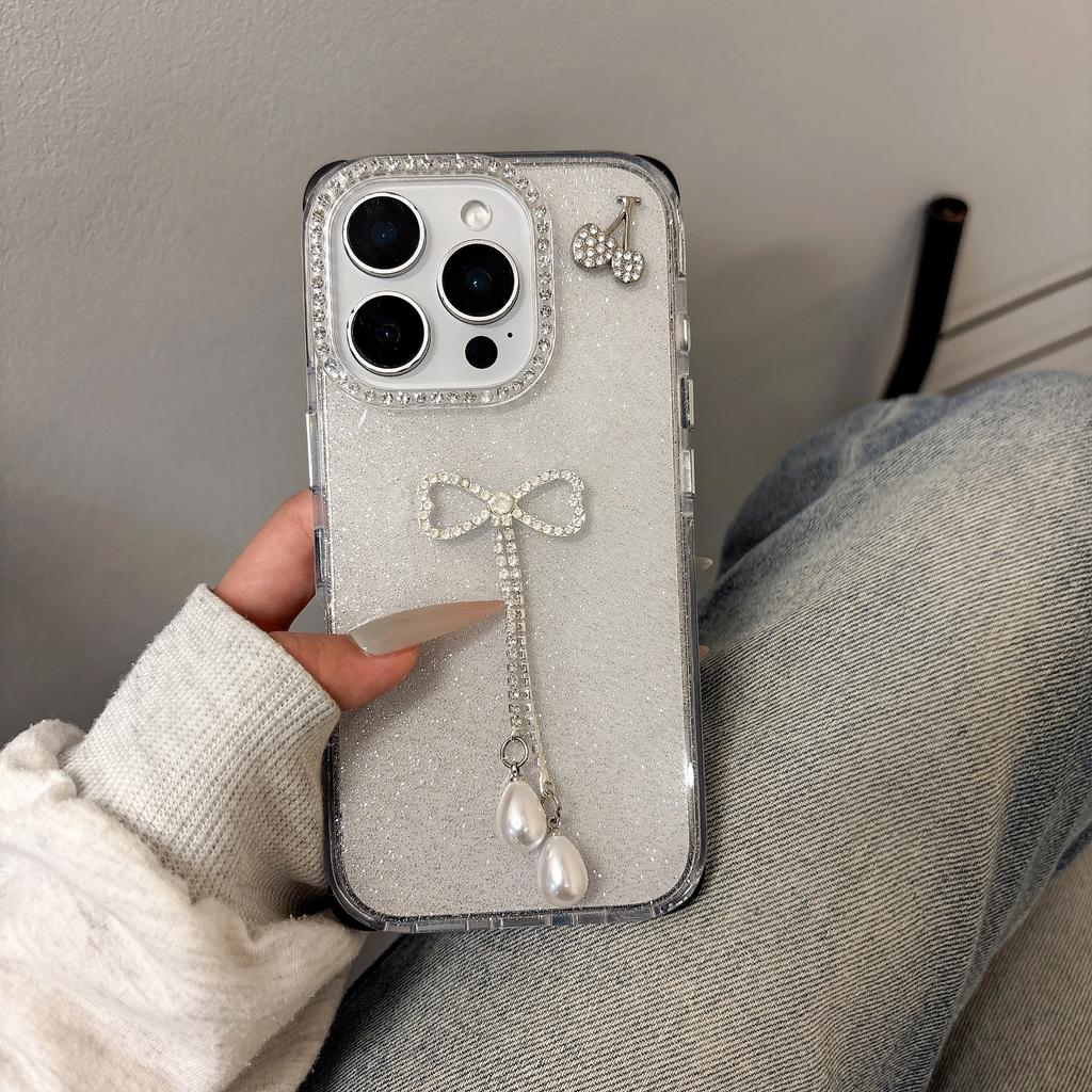 For iPhone 16 Pro Max Case Rhinestone Decor Glitter TPU Phone Cover with Bow Tassel