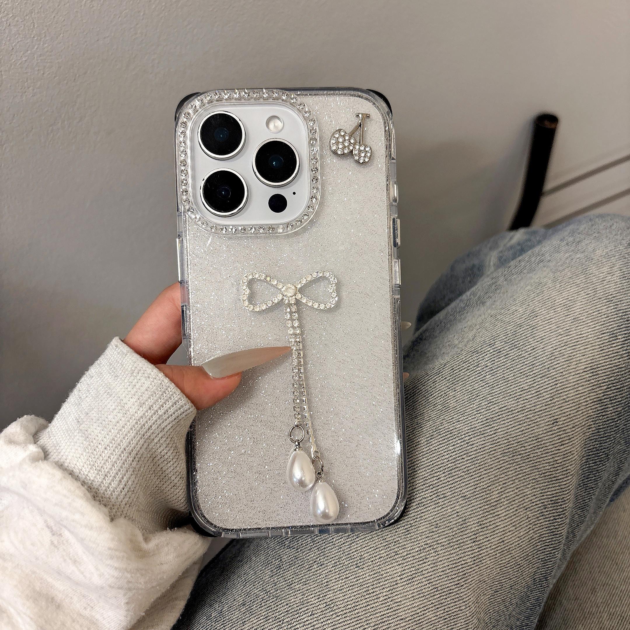 

For iPhone 16 Pro Max Case Rhinestone Decor Glitter TPU Phone Cover with Bow Tassel Black