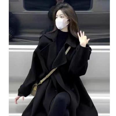 Manteau en laine noire pour femmes en automne et en hiver Nouveau style coréen Petit manteau ample mi-long Haut