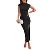 Cross-border European and American Women's Light and Mature Wind Round Neck Summer Medium and Long Dress Milk Silk Sexy High Split Tight Skirt