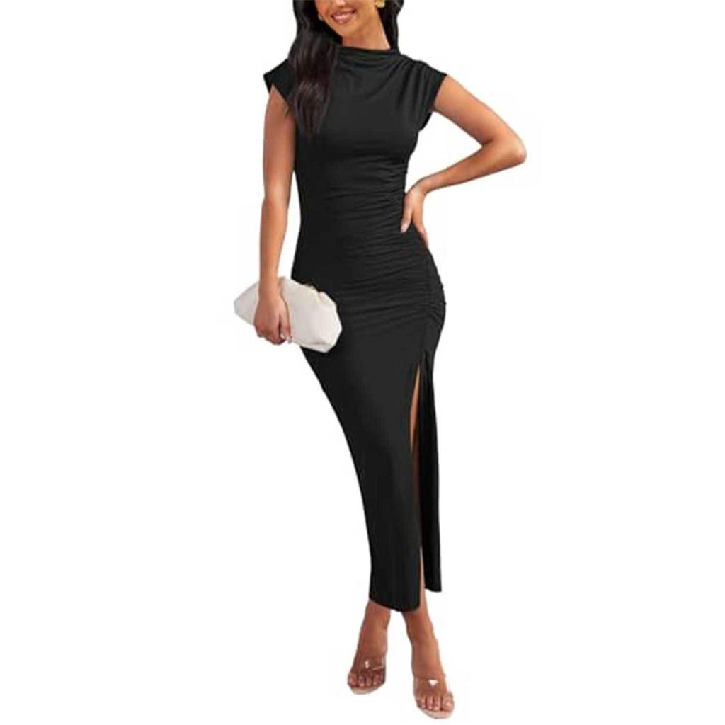 Cross-border European and American Women's Light and Mature Wind Round Neck Summer Medium and Long Dress Milk Silk Sexy High Split Tight Skirt
