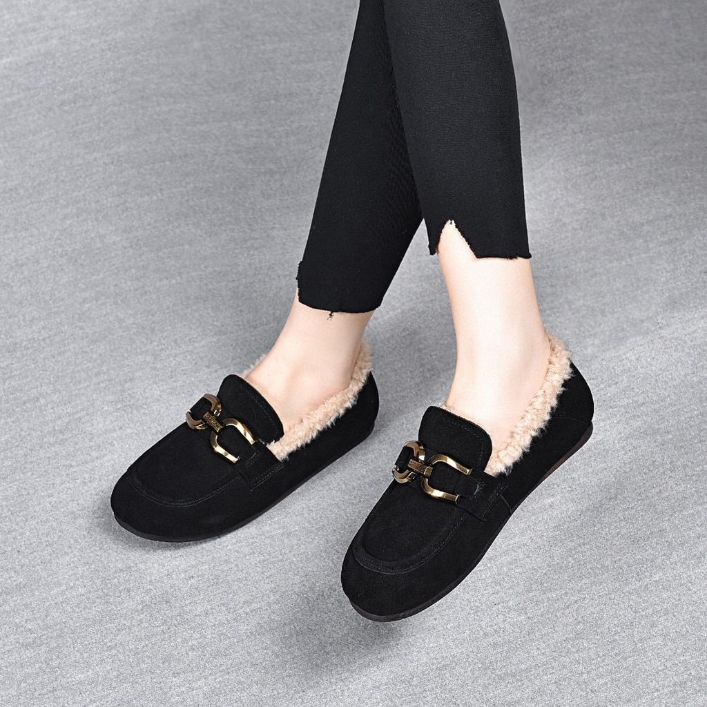 Scarpe di cotone da donna autunno e inverno nuove fibbia quadrata scarpe Mao Mao testa rotonda fondo piatto comode scarpe da donna suola morbida superficie morbida donne