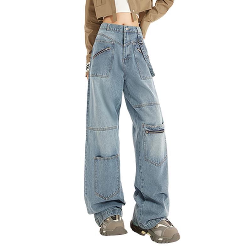 

UNIFREE Celebrity Style Workwear Wide-Leg Multi-Pocket Jeans L