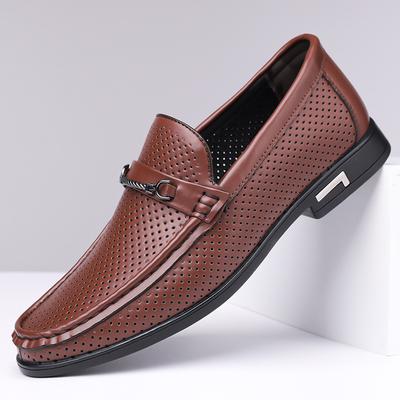 Fashionable Hollow Out Top Layer Cowhide Men's Slip-On Loafers Leisure Rubber Bottom Adult Sandals Comfortable Breathable Shoes