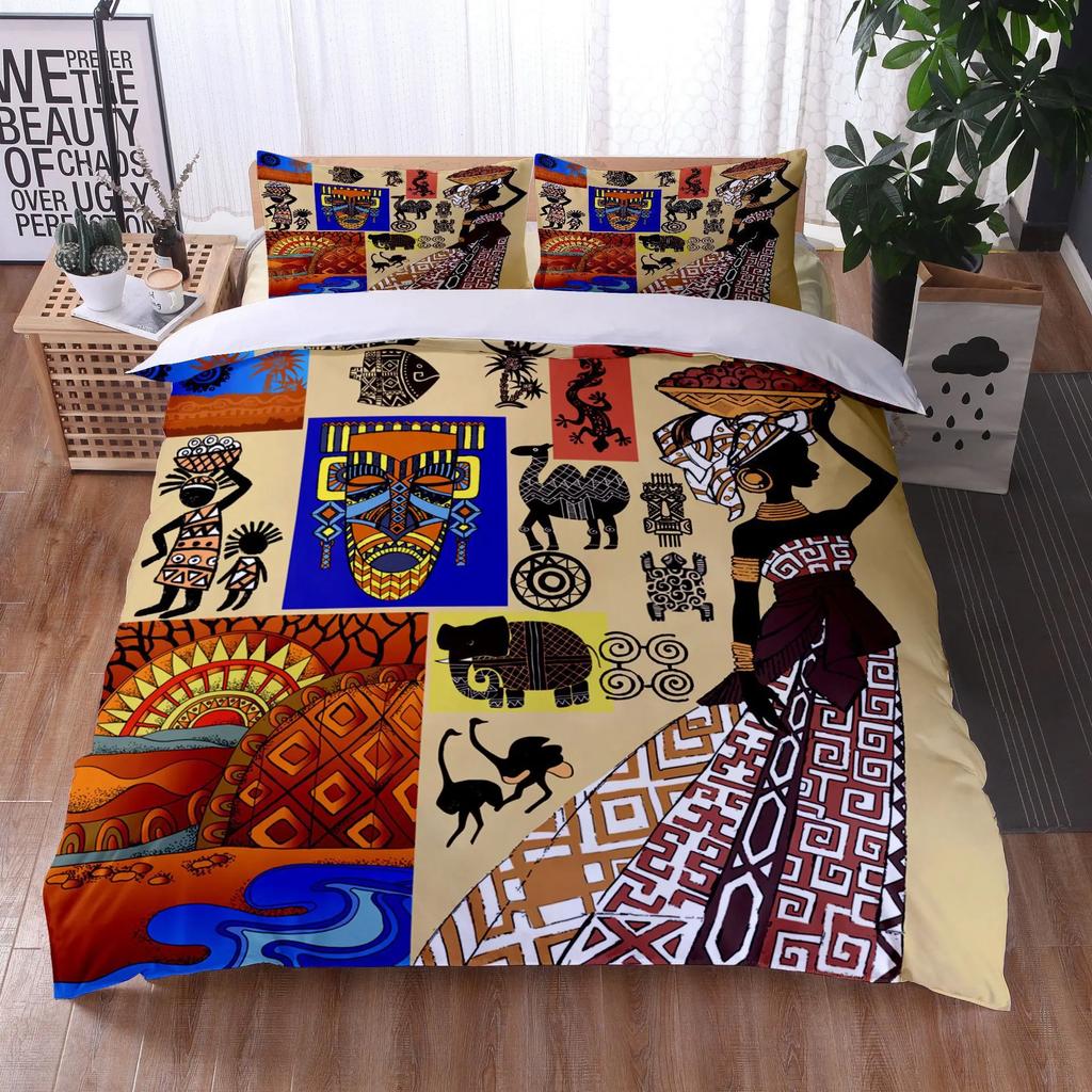 Afrikansk kvinna Sängklädesset Etnisk Afro Påslakan Mikrofiber Afroamerikansk Täcke Set 3 Delar Orange Forntida Öken Full