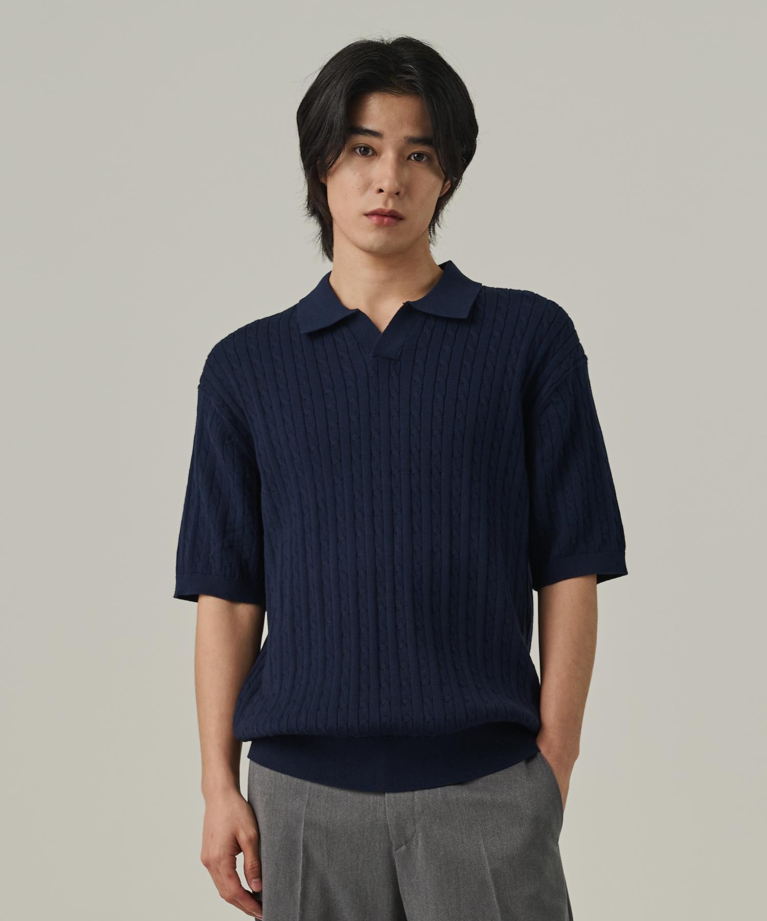Analog Mood Cable Open Collar Short Sleeve Knit (Navy) Free