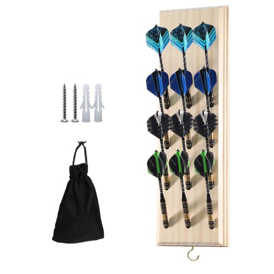 Wall Mounted Dart Holder Wooden Dart Caddy 12 Tip Dart Stand Display Rack with Metal Hook And Accessory Storage Bag