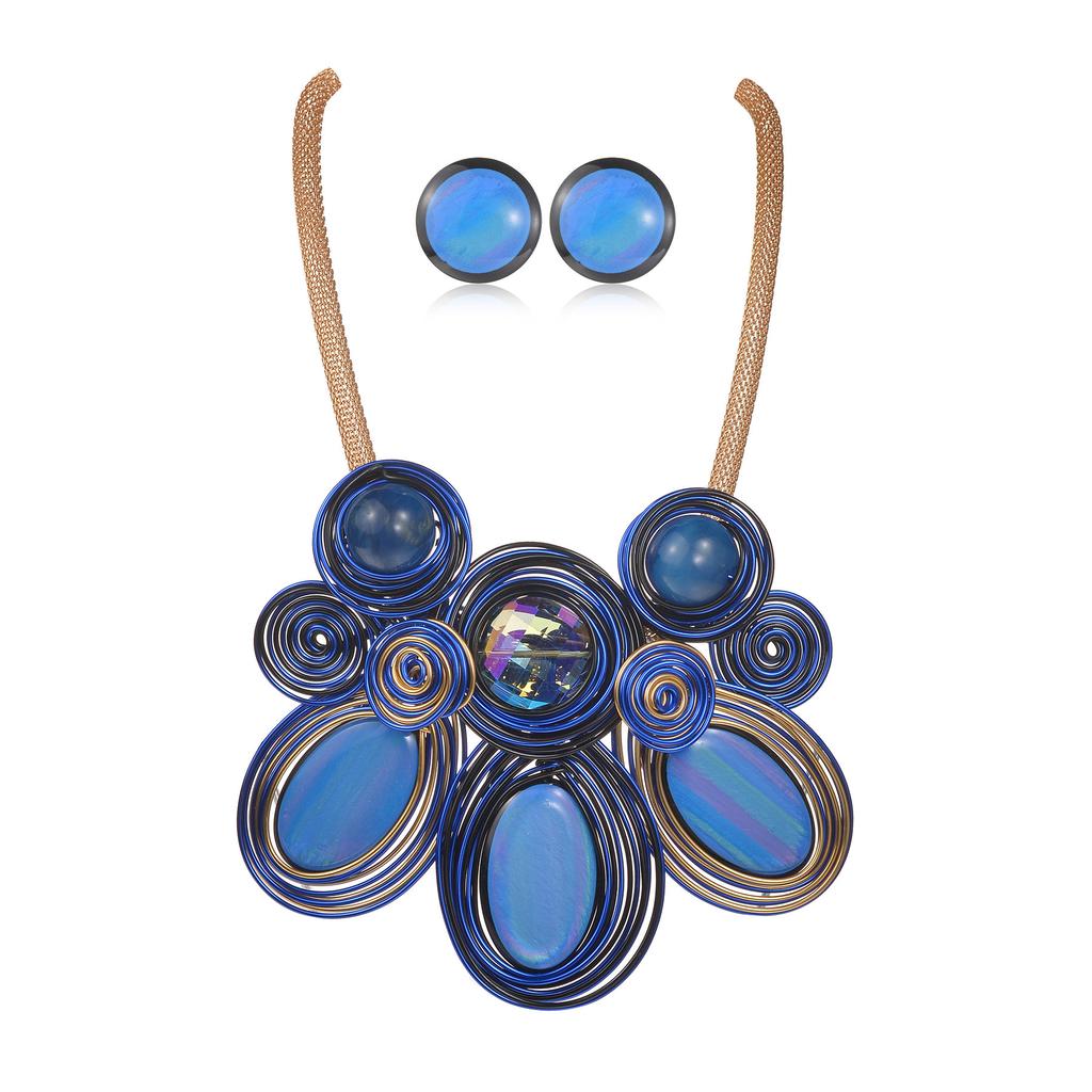 New Fashion Jewelry Set for Women Personality Exaggeration Handmade Aluminum Wire Woven Crystal Bead Necklace and Earrings