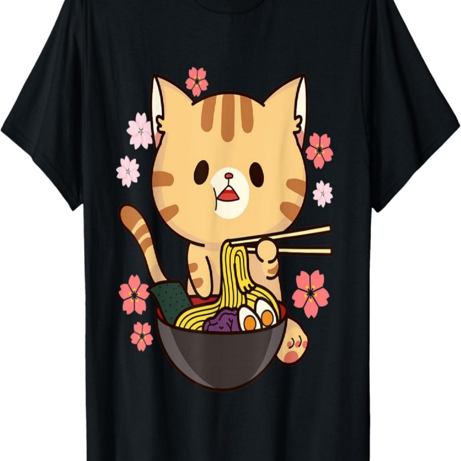 Cute Ramen Cat Bowl Noodle  Cherry Blossom Cat Lover T-Shirt S чёрный
