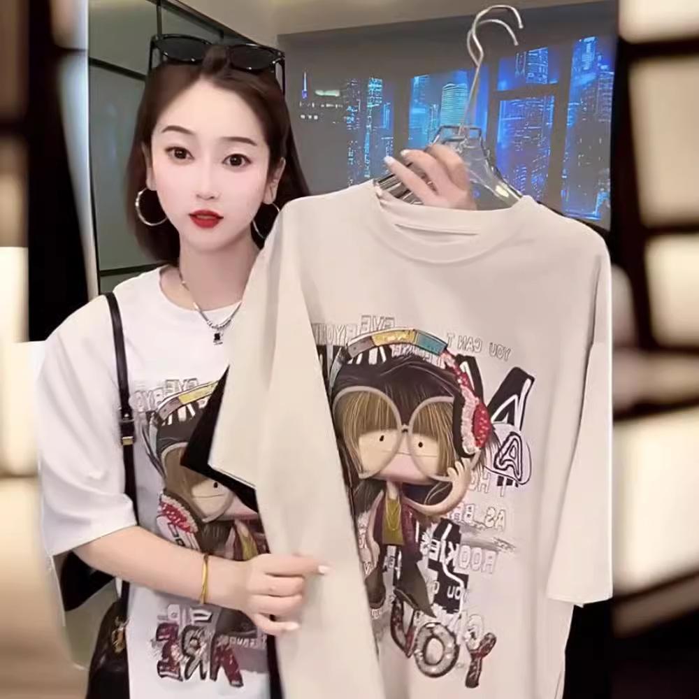 Women Cartoon Graphic Short Sleeve T‑Shirt Loose Oversized High Street Casual Summer Top M‑3XL