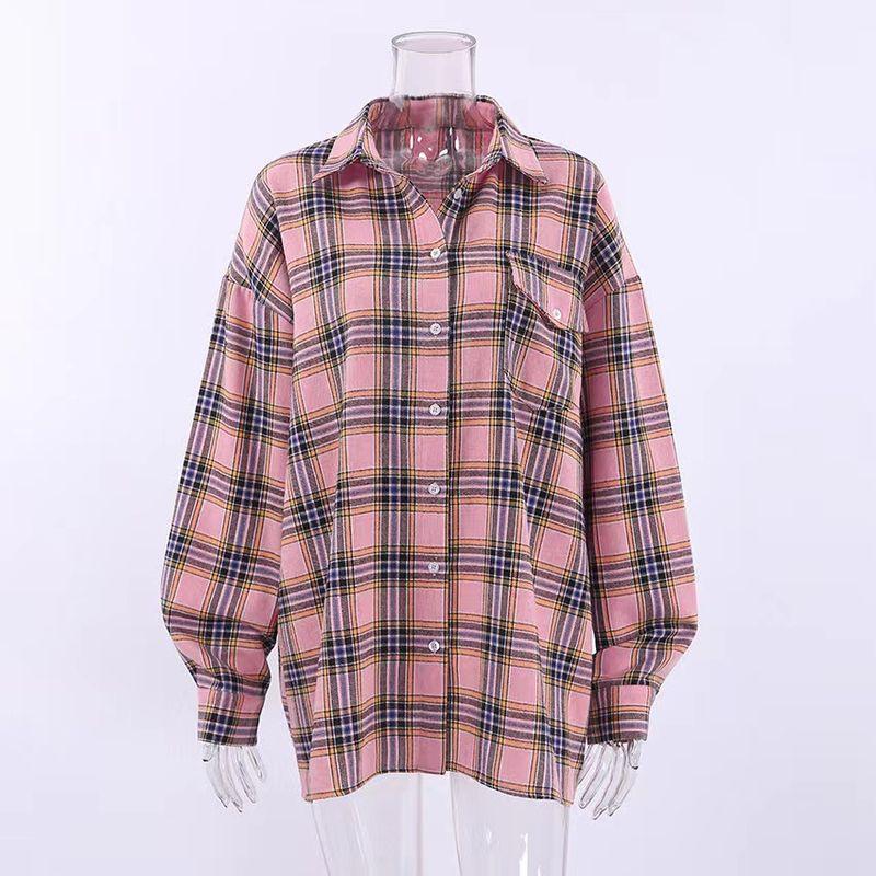 

Fashion Retro Fashion New Arrival Gingham Tops All-Matching Lapel Loose Shirt Loose Checked Shirt Pink check S