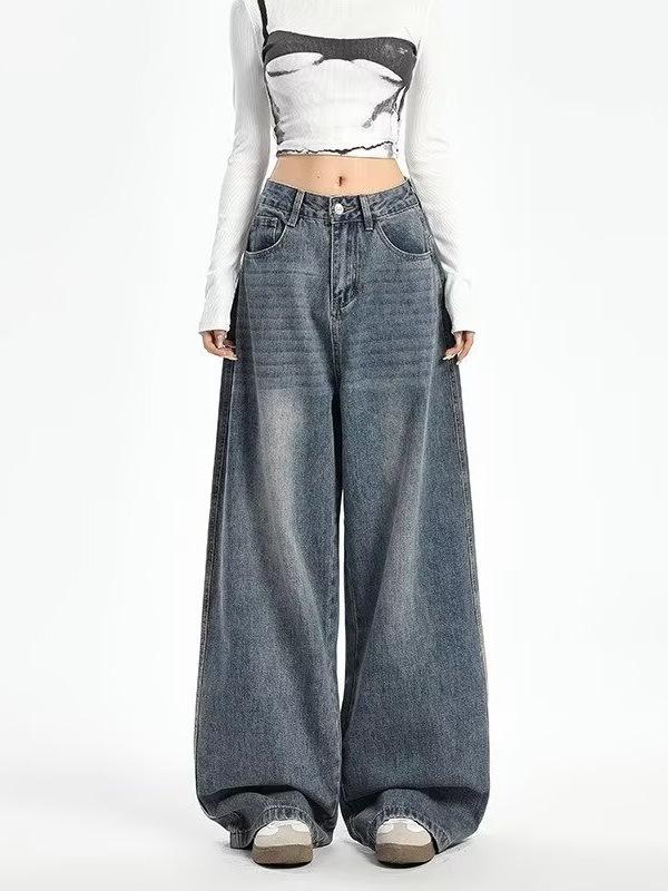 Wide-Leg American Style Retro Jeans for Women - Spring/Autumn 2026 Collection - Relaxed Fit, Baggy, and Floor-Length