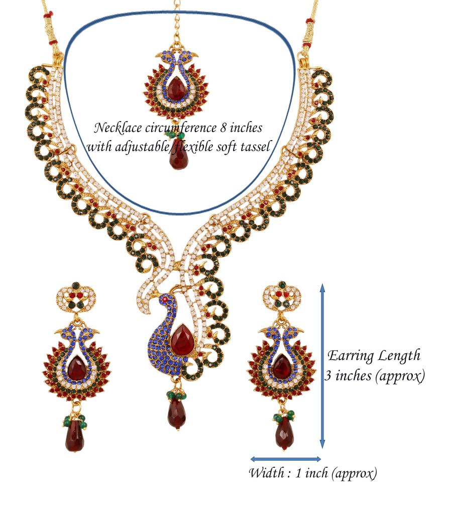 Touchstone Indian Bollywood Peacock Minakari Blue Red White Bridal Jewelry Necklace Set Antique Gold