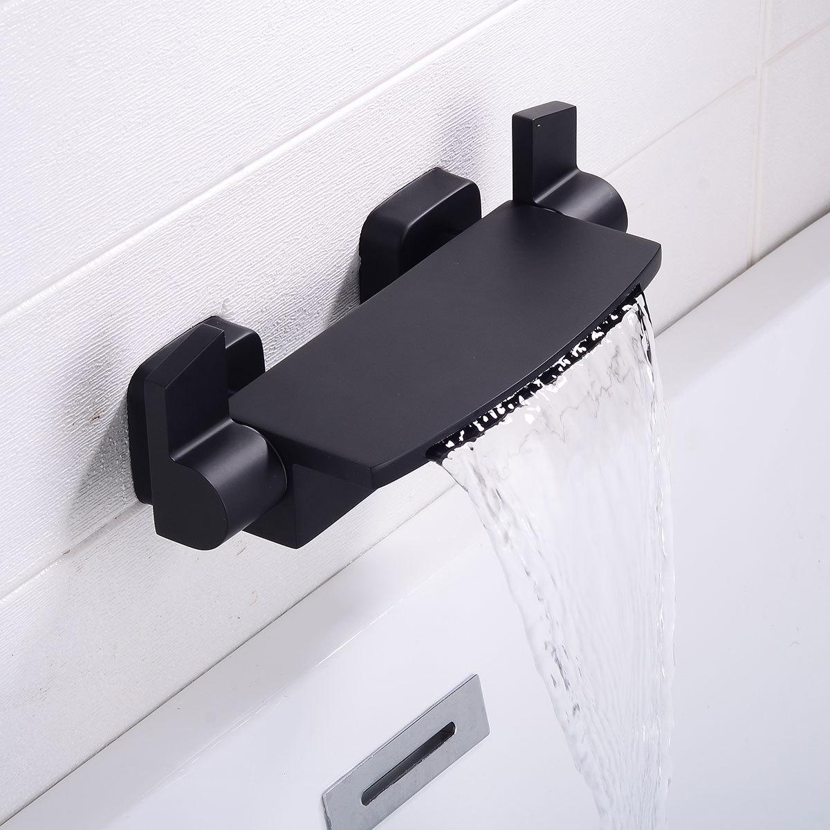 

Brass Waterfall Bathtub Faucet Set with Black Exposed Edge and Hot/Cold Shower Head