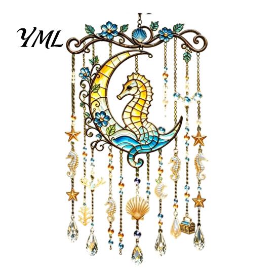 Window Hanging Crystal Pendant Ocean-Themed Wind Chime, Stained Acrylic Jellyfish Seahorse Pufferfish Suncatcher Glass Style with Prism Drops, Coastal