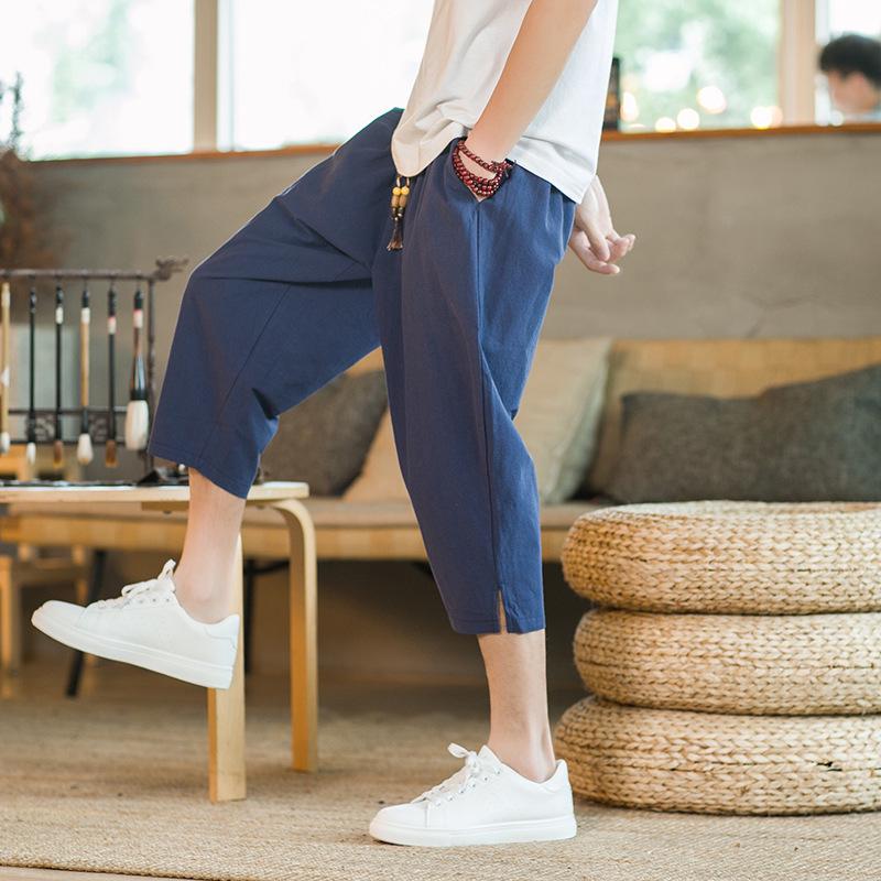 Lässige Herren-Haremshose aus Leinen im chinesischen Stil - Sommerliche leichte Weitbein-Cropped-Hose