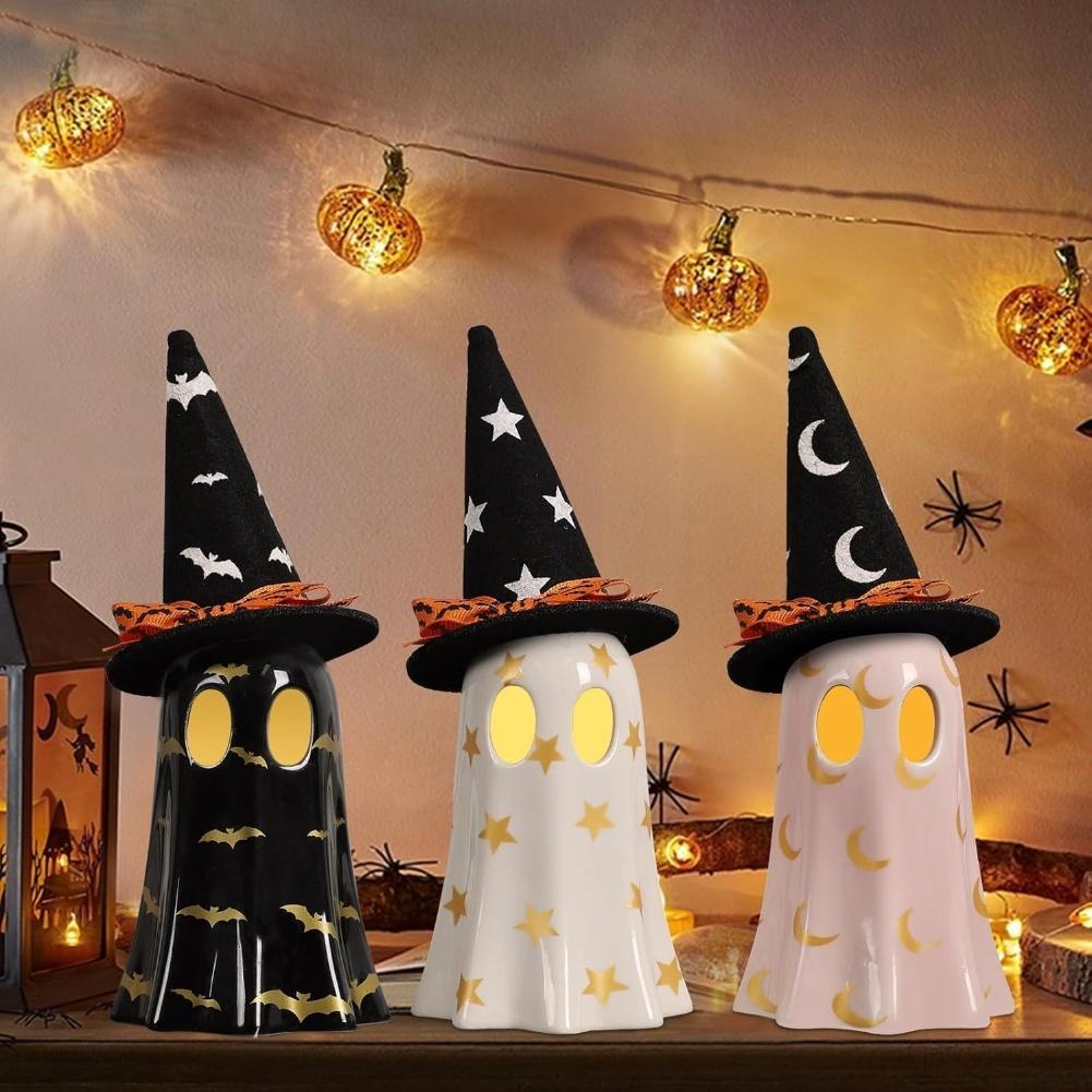

Set Of 3 Ceramic-Ghosts With Witch Hats, Halloween Decorations Indoor, Cute Spooky Halloween-Ghost Figurines Ceramic Decor China Mainland