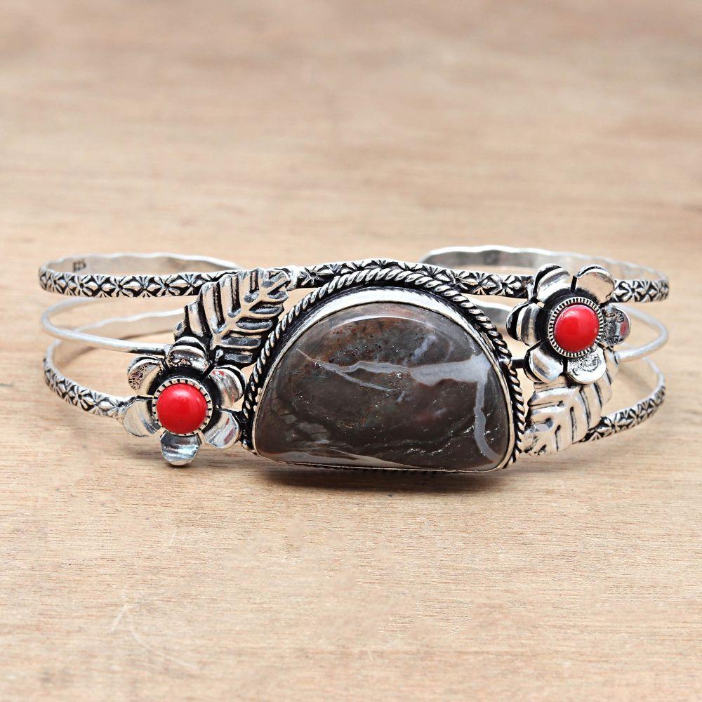 Septerian Jasper Gemstone Ethnic Silver Jewelry Cuff Bracelets 7''Adjustable