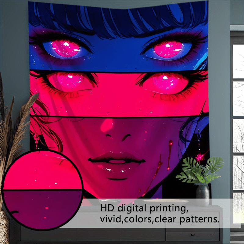 Neon Glitch Animeflicka Väggbonad  Livfull Väggbonad med Rosa Ögon för Sovrum och Vardagsrumsinredning Perfekt Gåva