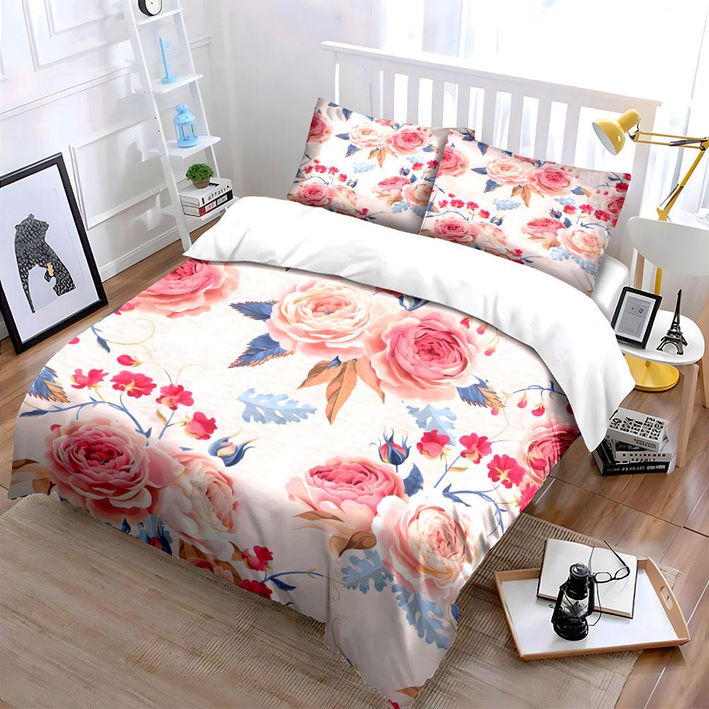 Pink Rose Floral Pattern Bedding Set For Kids Luxury Gift 3Pcs Digital Print Comforter Set Soft Comfortable Breathable