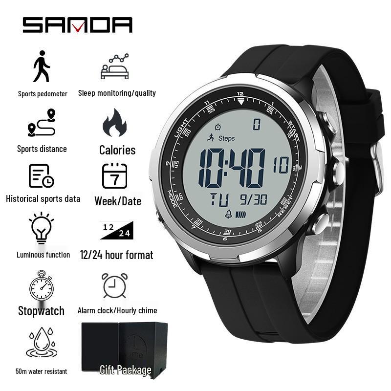 Sanda Sports Multifunctional Waterproof Pedometer Watch with Timer, Alarm, and Night Light